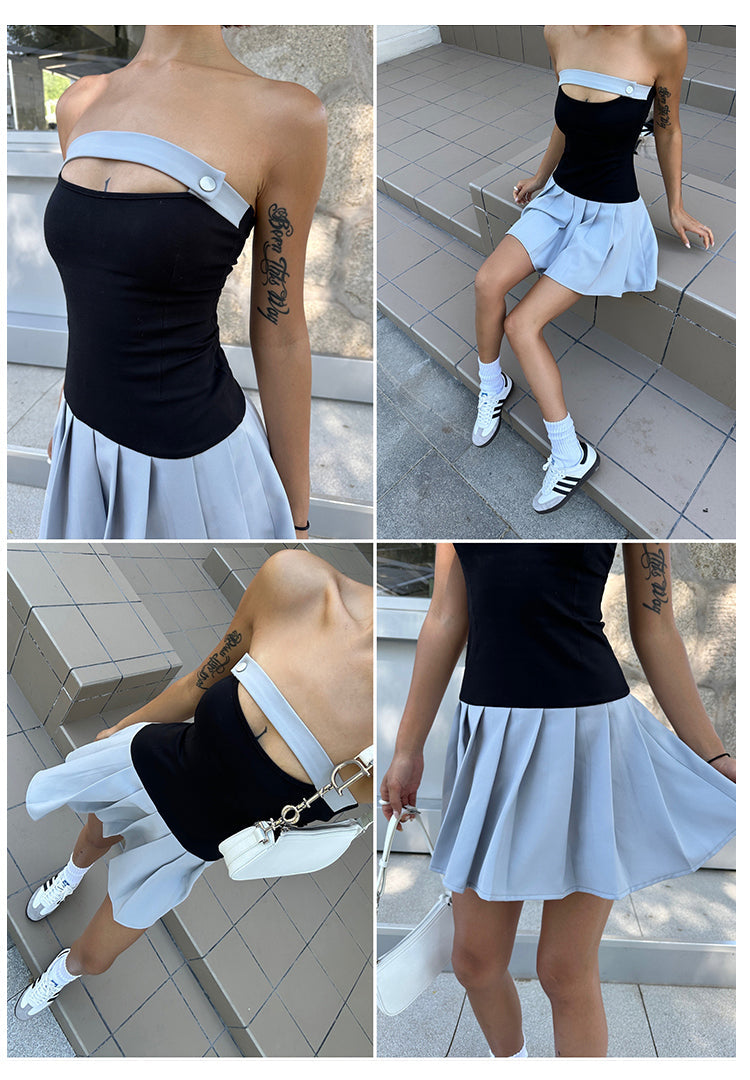 Zllkl Latiana Contrast Color Haze Blue Paneled Bandeau Stretch Pleated Mini Dress