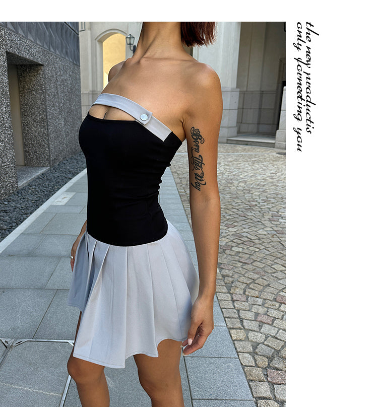 Zllkl Latiana Contrast Color Haze Blue Paneled Bandeau Stretch Pleated Mini Dress