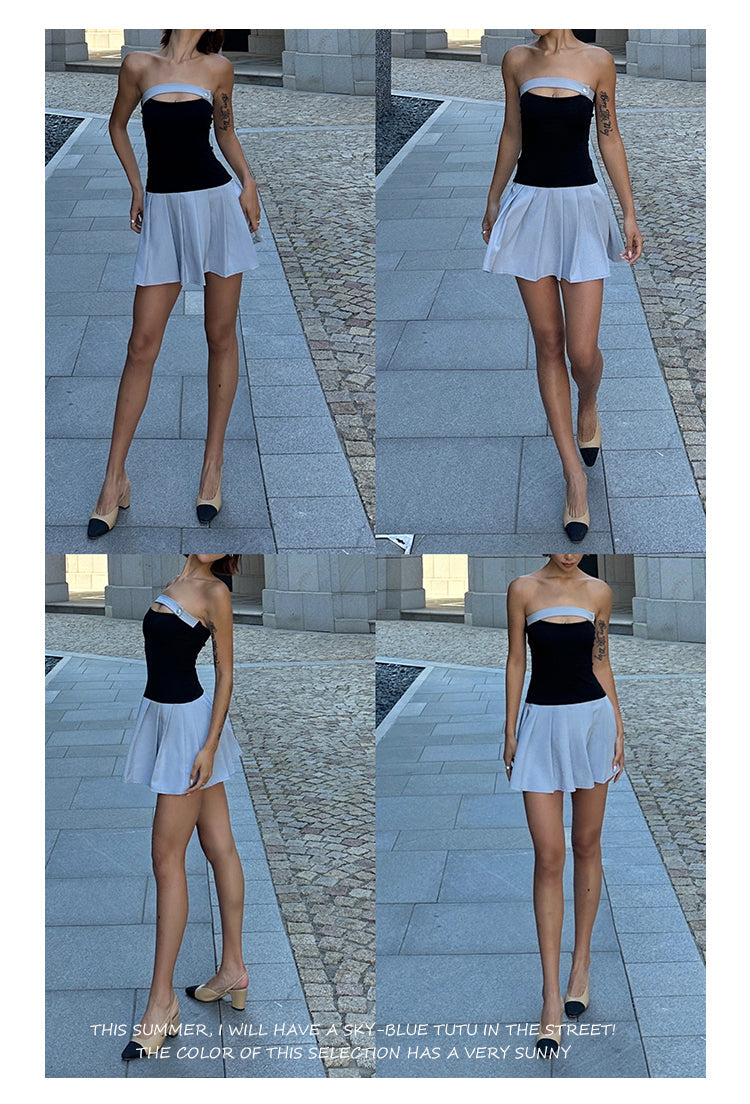 Zllkl Latiana Contrast Color Haze Blue Paneled Bandeau Stretch Pleated Mini Dress