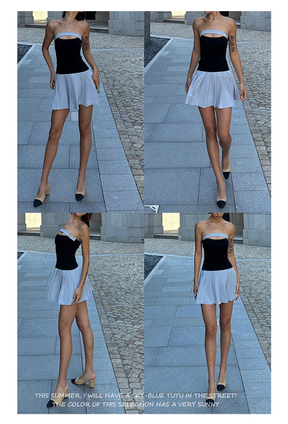Zllkl Latiana Contrast Color Haze Blue Paneled Bandeau Stretch Pleated Mini Dress