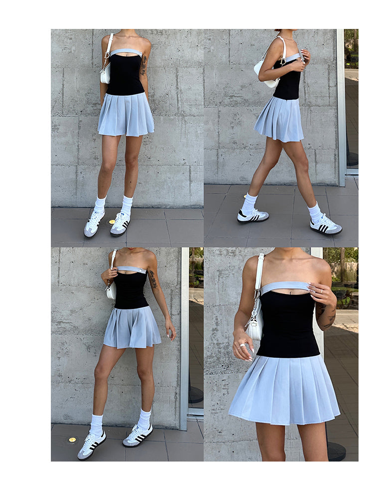 Zllkl Latiana Contrast Color Haze Blue Paneled Bandeau Stretch Pleated Mini Dress