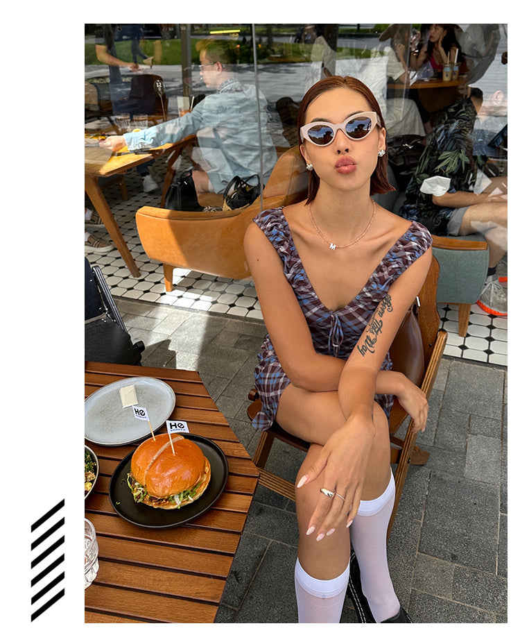 Zllkl Grazelda Blue Plaid Retro V-neck Backless Off-the-Shoulder Wide Sleeve A-line Mini Dress