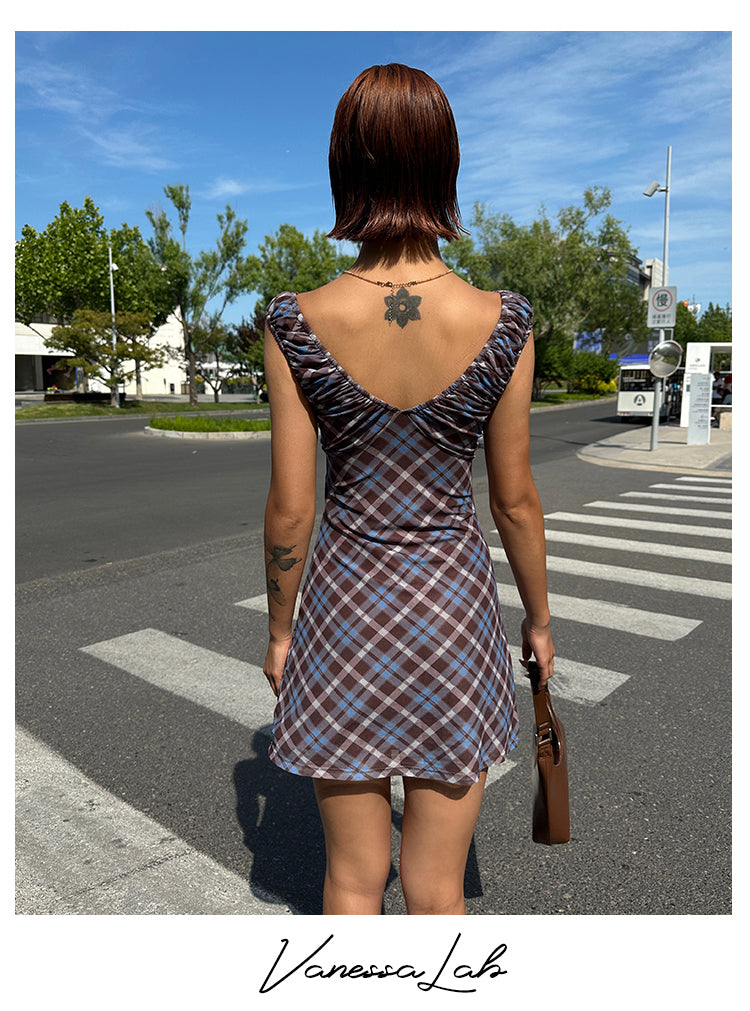 Zllkl Grazelda Blue Plaid Retro V-neck Backless Off-the-Shoulder Wide Sleeve A-line Mini Dress