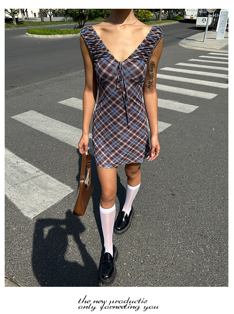 Zllkl Grazelda Blue Plaid Retro V-neck Backless Off-the-Shoulder Wide Sleeve A-line Mini Dress