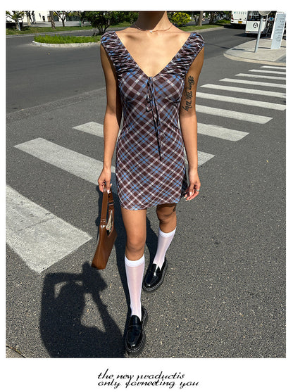 Zllkl Grazelda Blue Plaid Retro V-neck Backless Off-the-Shoulder Wide Sleeve A-line Mini Dress