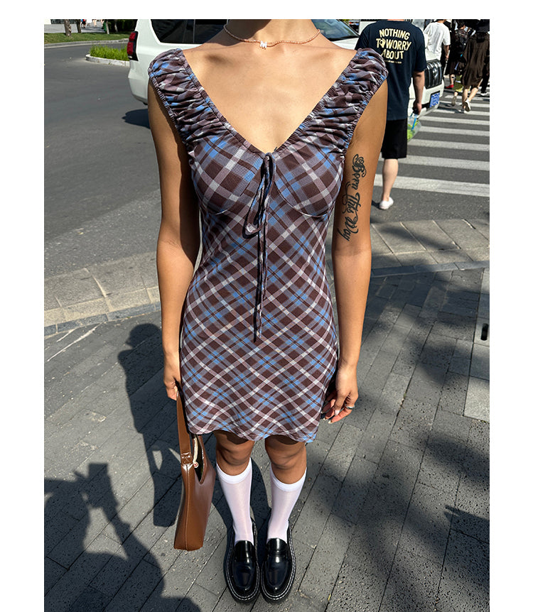 Zllkl Grazelda Blue Plaid Retro V-neck Backless Off-the-Shoulder Wide Sleeve A-line Mini Dress