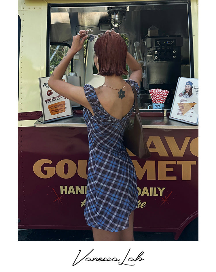 Zllkl Grazelda Blue Plaid Retro V-neck Backless Off-the-Shoulder Wide Sleeve A-line Mini Dress