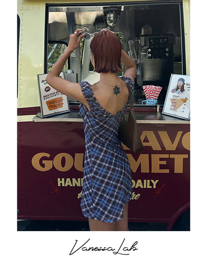 Zllkl Grazelda Blue Plaid Retro V-neck Backless Off-the-Shoulder Wide Sleeve A-line Mini Dress