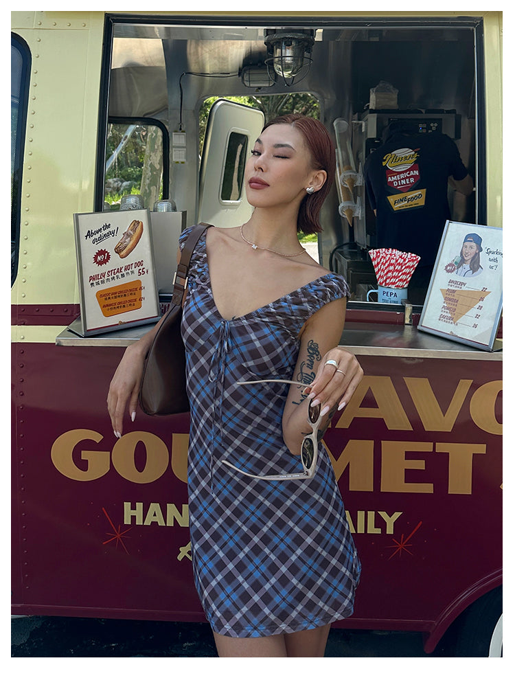 Zllkl Grazelda Blue Plaid Retro V-neck Backless Off-the-Shoulder Wide Sleeve A-line Mini Dress