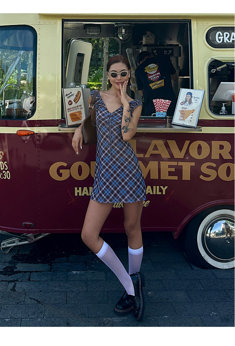 Zllkl Grazelda Blue Plaid Retro V-neck Backless Off-the-Shoulder Wide Sleeve A-line Mini Dress