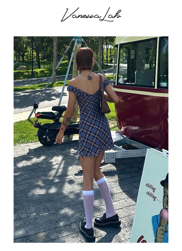 Zllkl Grazelda Blue Plaid Retro V-neck Backless Off-the-Shoulder Wide Sleeve A-line Mini Dress