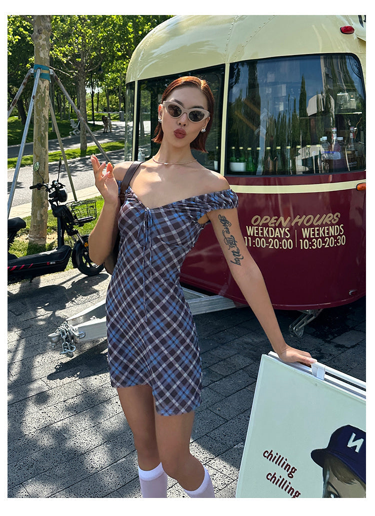 Zllkl Grazelda Blue Plaid Retro V-neck Backless Off-the-Shoulder Wide Sleeve A-line Mini Dress