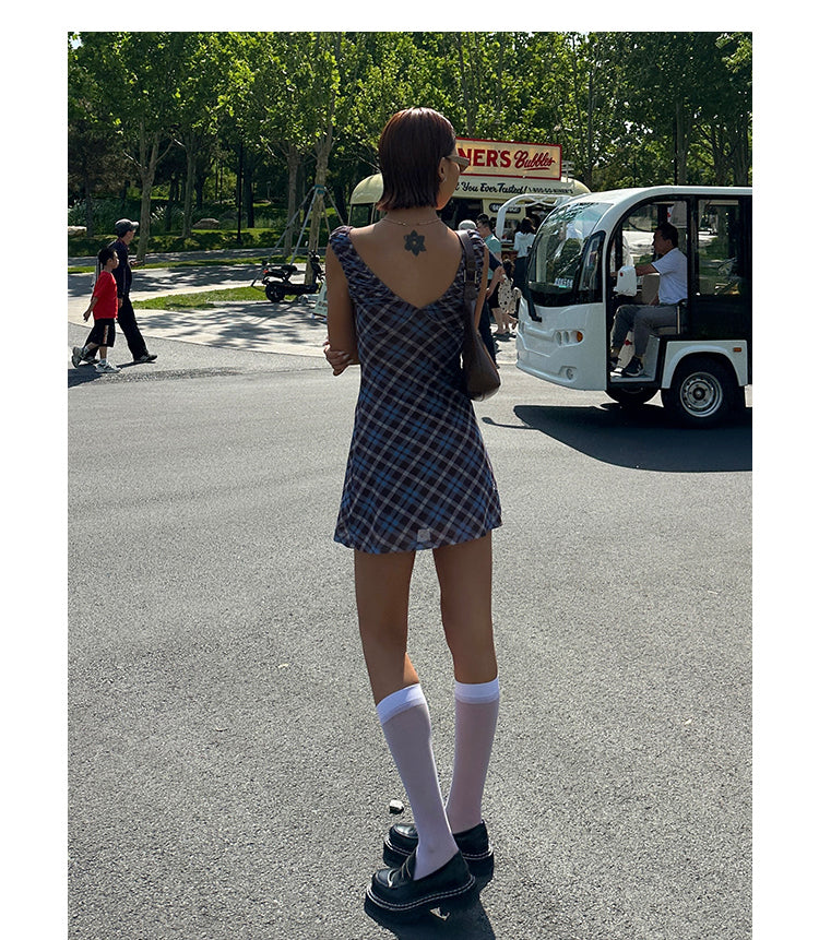 Zllkl Grazelda Blue Plaid Retro V-neck Backless Off-the-Shoulder Wide Sleeve A-line Mini Dress