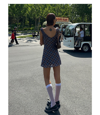 Zllkl Grazelda Blue Plaid Retro V-neck Backless Off-the-Shoulder Wide Sleeve A-line Mini Dress