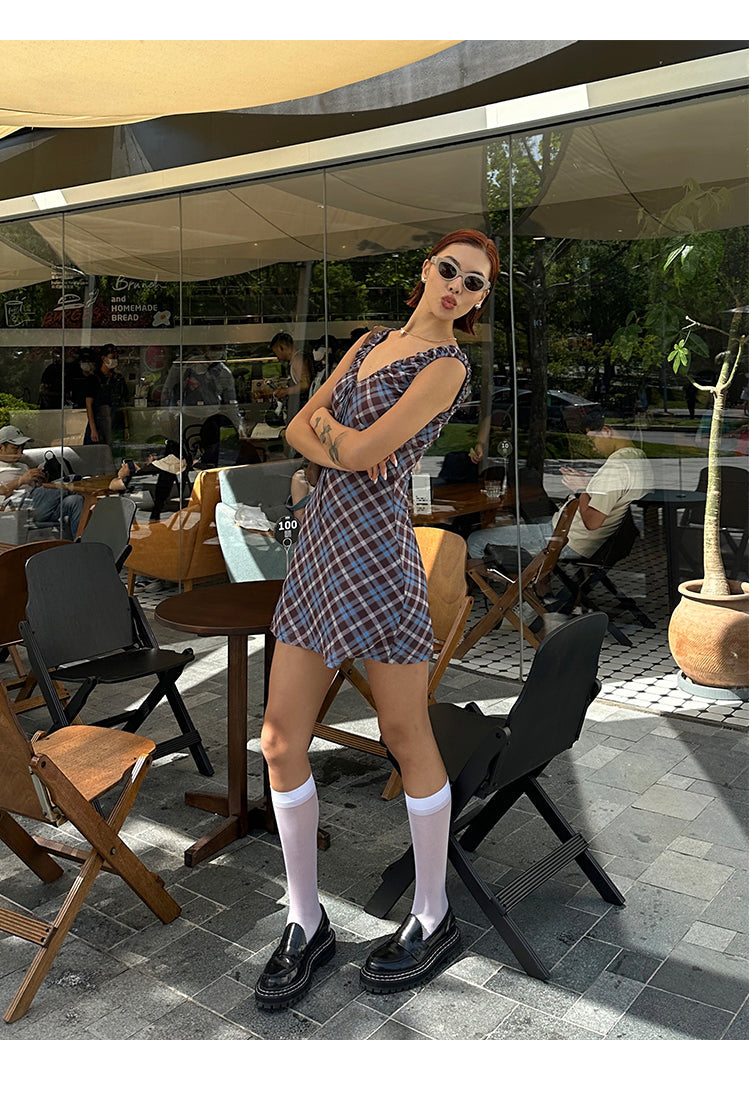 Zllkl Grazelda Blue Plaid Retro V-neck Backless Off-the-Shoulder Wide Sleeve A-line Mini Dress