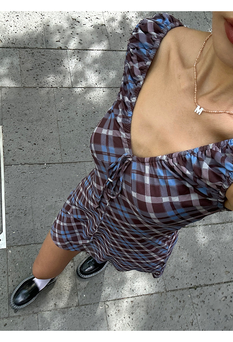 Zllkl Grazelda Blue Plaid Retro V-neck Backless Off-the-Shoulder Wide Sleeve A-line Mini Dress