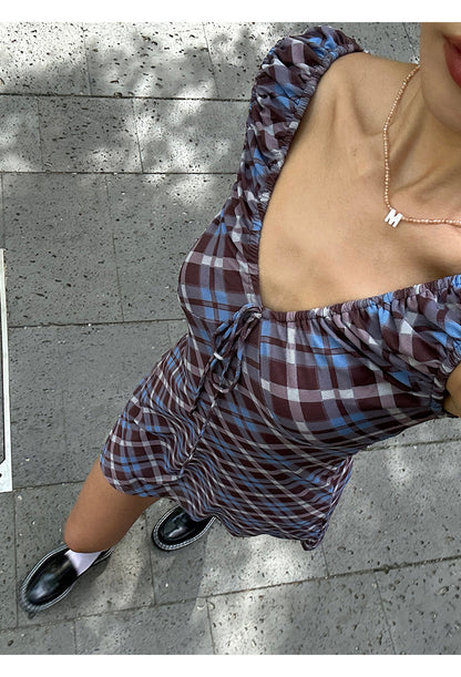 Zllkl Grazelda Blue Plaid Retro V-neck Backless Off-the-Shoulder Wide Sleeve A-line Mini Dress