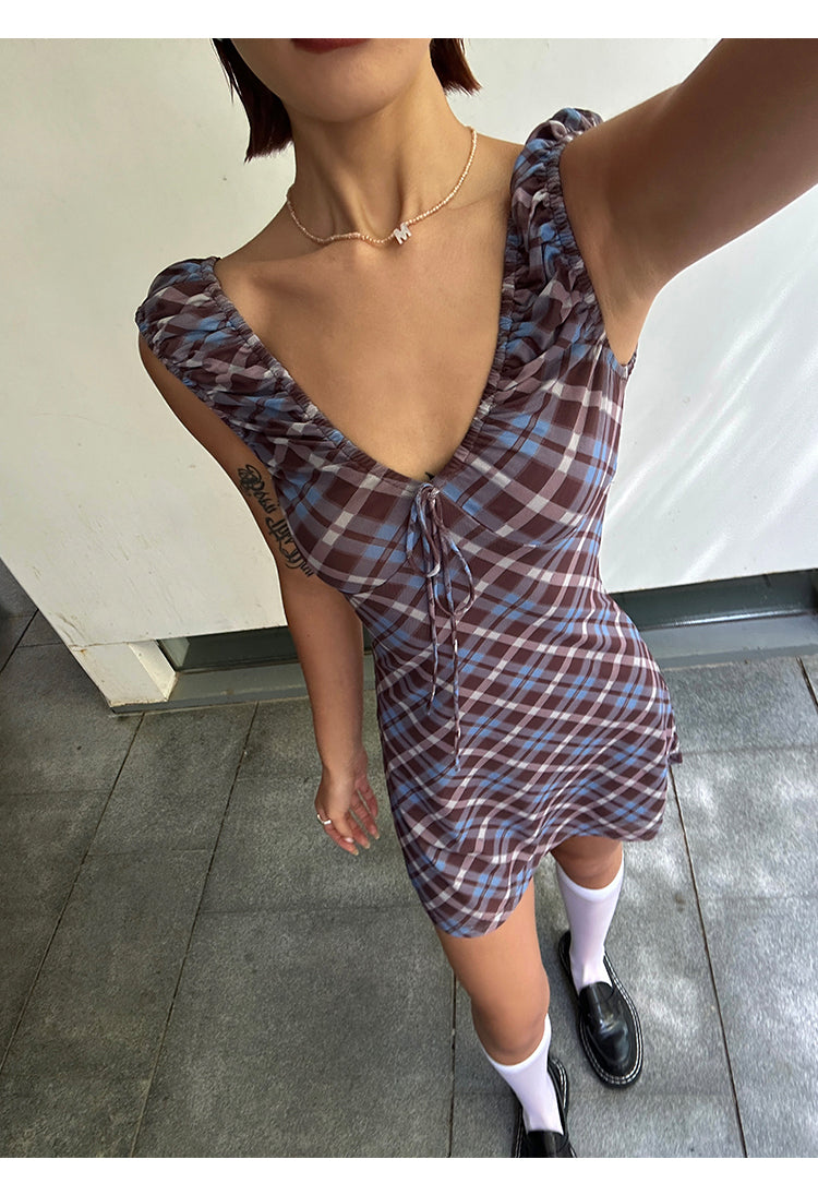 Zllkl Grazelda Blue Plaid Retro V-neck Backless Off-the-Shoulder Wide Sleeve A-line Mini Dress