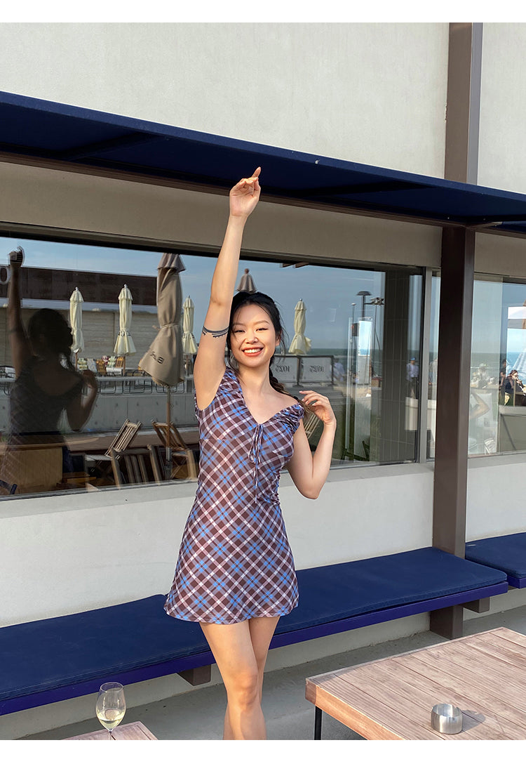 Zllkl Grazelda Blue Plaid Retro V-neck Backless Off-the-Shoulder Wide Sleeve A-line Mini Dress