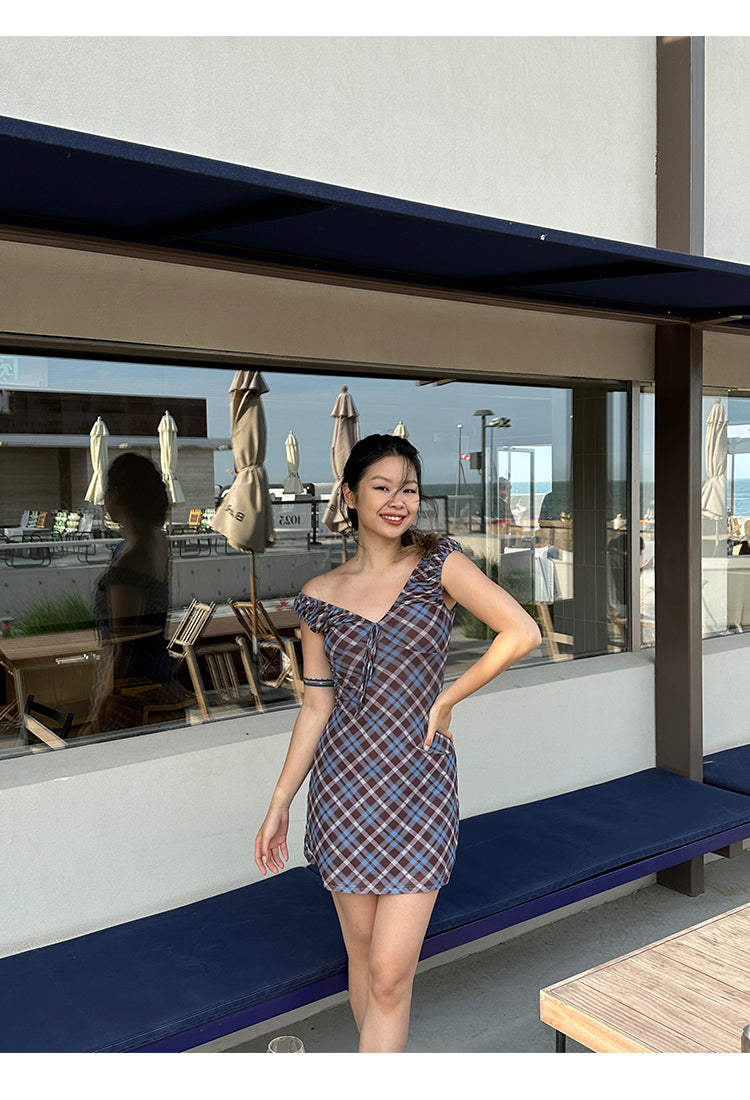 Zllkl Grazelda Blue Plaid Retro V-neck Backless Off-the-Shoulder Wide Sleeve A-line Mini Dress