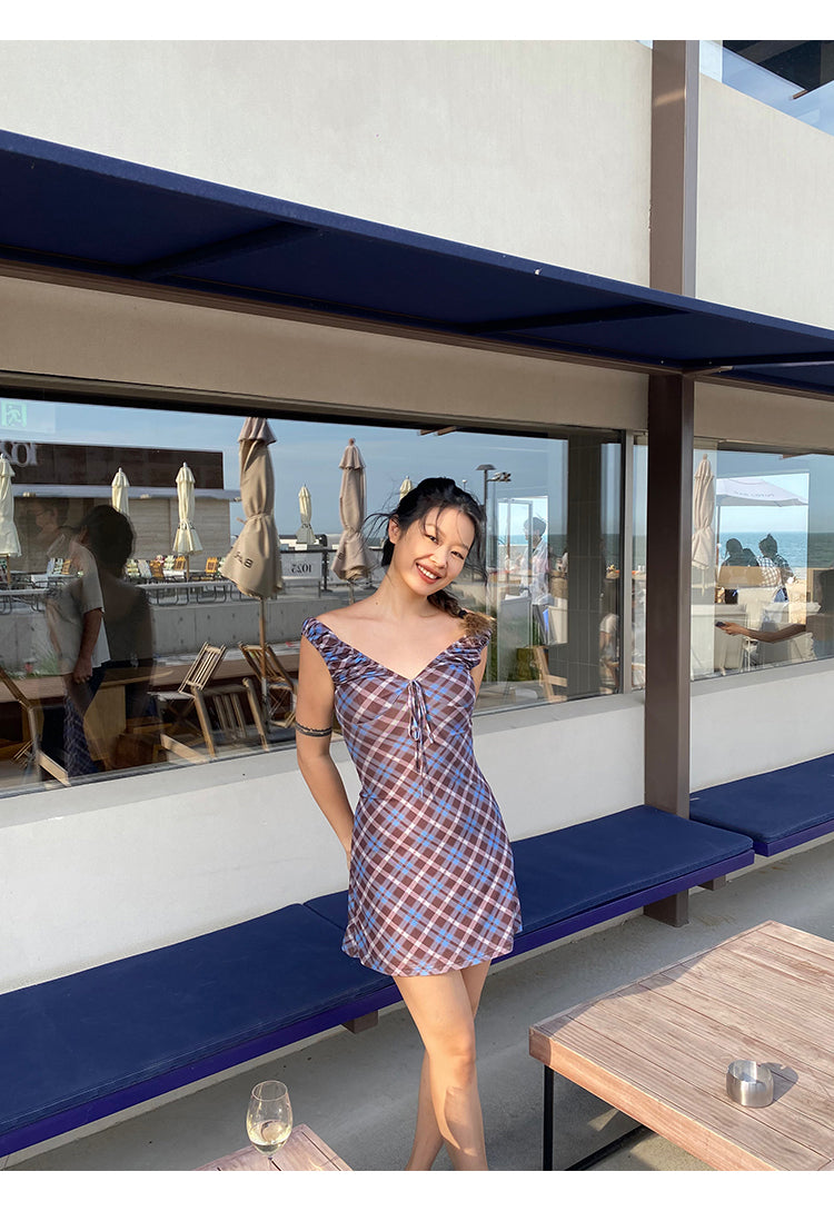 Zllkl Grazelda Blue Plaid Retro V-neck Backless Off-the-Shoulder Wide Sleeve A-line Mini Dress