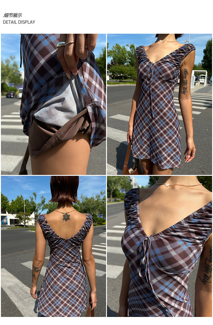Zllkl Grazelda Blue Plaid Retro V-neck Backless Off-the-Shoulder Wide Sleeve A-line Mini Dress