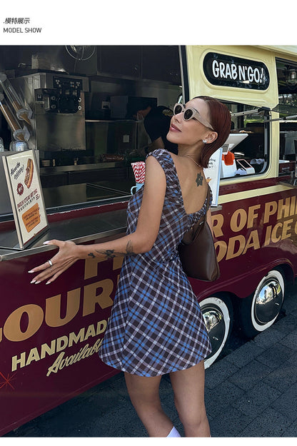 Zllkl Grazelda Blue Plaid Retro V-neck Backless Off-the-Shoulder Wide Sleeve A-line Mini Dress