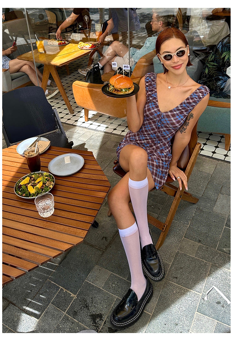 Zllkl Grazelda Blue Plaid Retro V-neck Backless Off-the-Shoulder Wide Sleeve A-line Mini Dress
