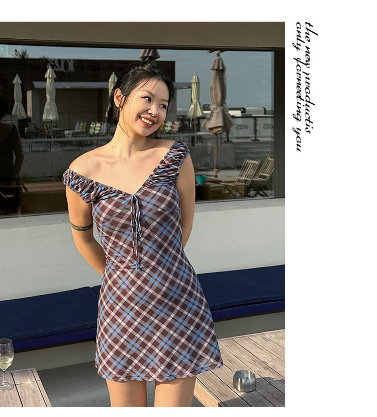 Zllkl Grazelda Blue Plaid Retro V-neck Backless Off-the-Shoulder Wide Sleeve A-line Mini Dress