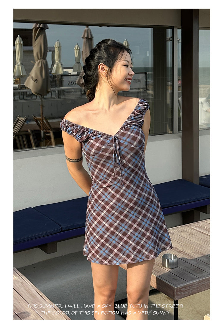 Zllkl Grazelda Blue Plaid Retro V-neck Backless Off-the-Shoulder Wide Sleeve A-line Mini Dress