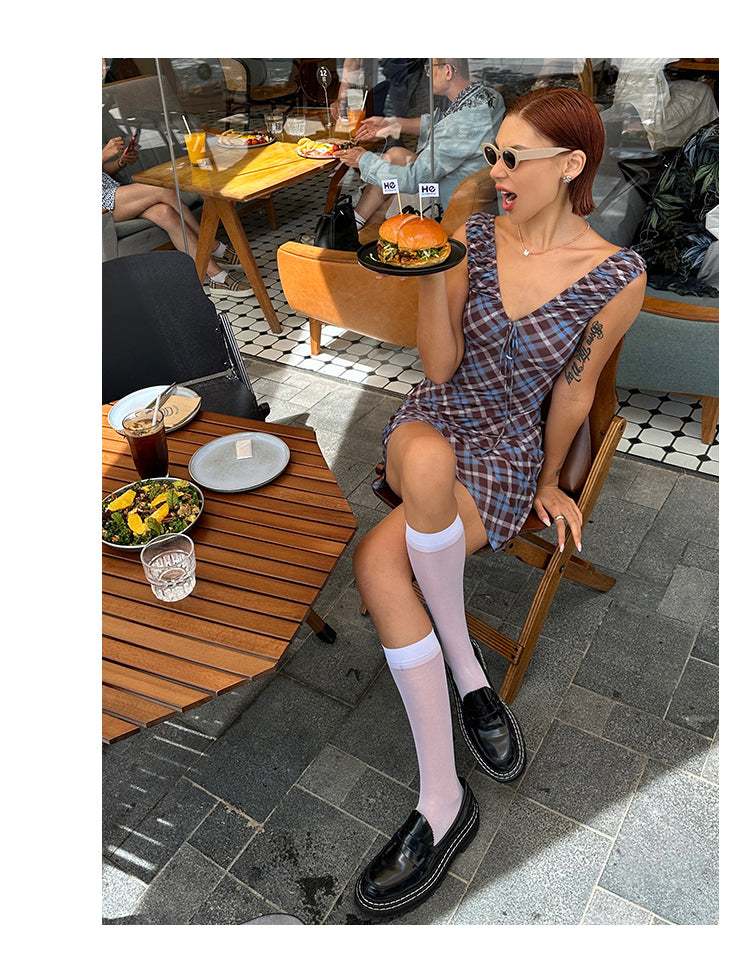 Zllkl Grazelda Blue Plaid Retro V-neck Backless Off-the-Shoulder Wide Sleeve A-line Mini Dress