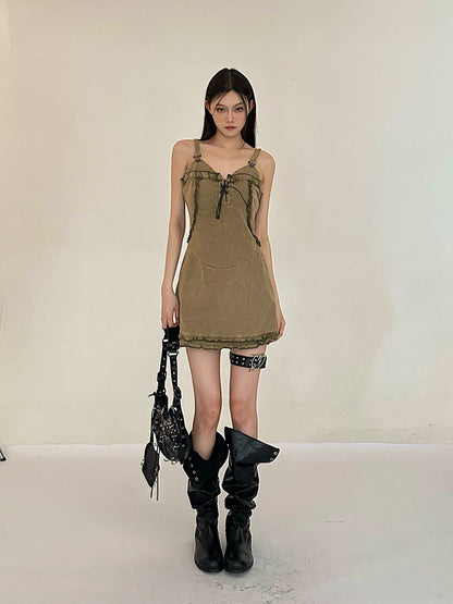 Zllkl Vanessa Denim Vintage V-Neck Spaghetti Strap Slim Mini Dress