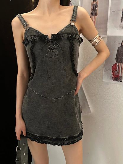 Zllkl Vanessa Denim Vintage V-Neck Spaghetti Strap Slim Mini Dress