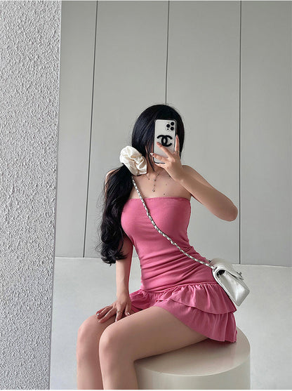 Zllkl Naya Solid Color Slim Folds Bandeau Double Ruffled Layer Mini Dress