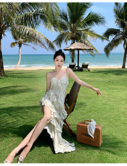 Zllkl Paula Floral V-Neck Spaghetti Strap Irregular Cut Out Ruffle Short Front Long Back Dress
