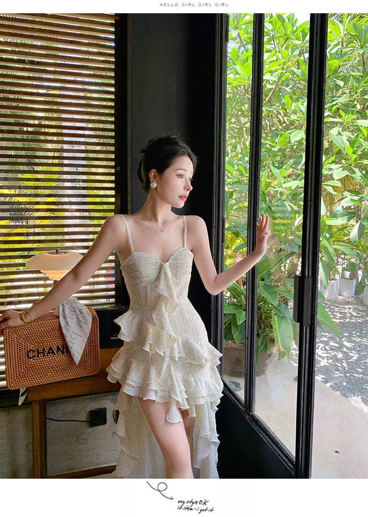 Zllkl Paula Floral V-Neck Spaghetti Strap Irregular Cut Out Ruffle Short Front Long Back Dress