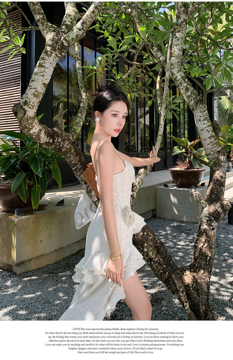 Zllkl Paula Floral V-Neck Spaghetti Strap Irregular Cut Out Ruffle Short Front Long Back Dress