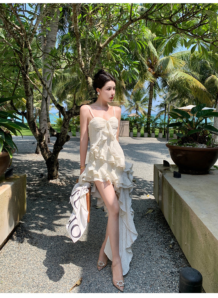 Zllkl Paula Floral V-Neck Spaghetti Strap Irregular Cut Out Ruffle Short Front Long Back Dress