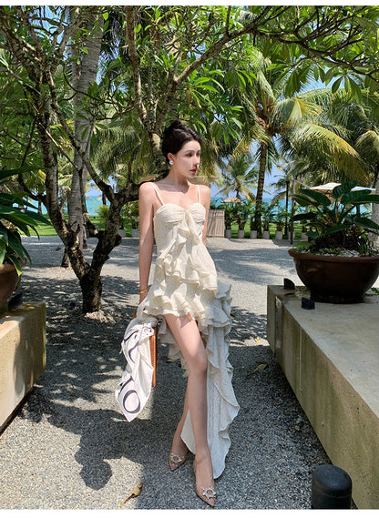 Zllkl Paula Floral V-Neck Spaghetti Strap Irregular Cut Out Ruffle Short Front Long Back Dress