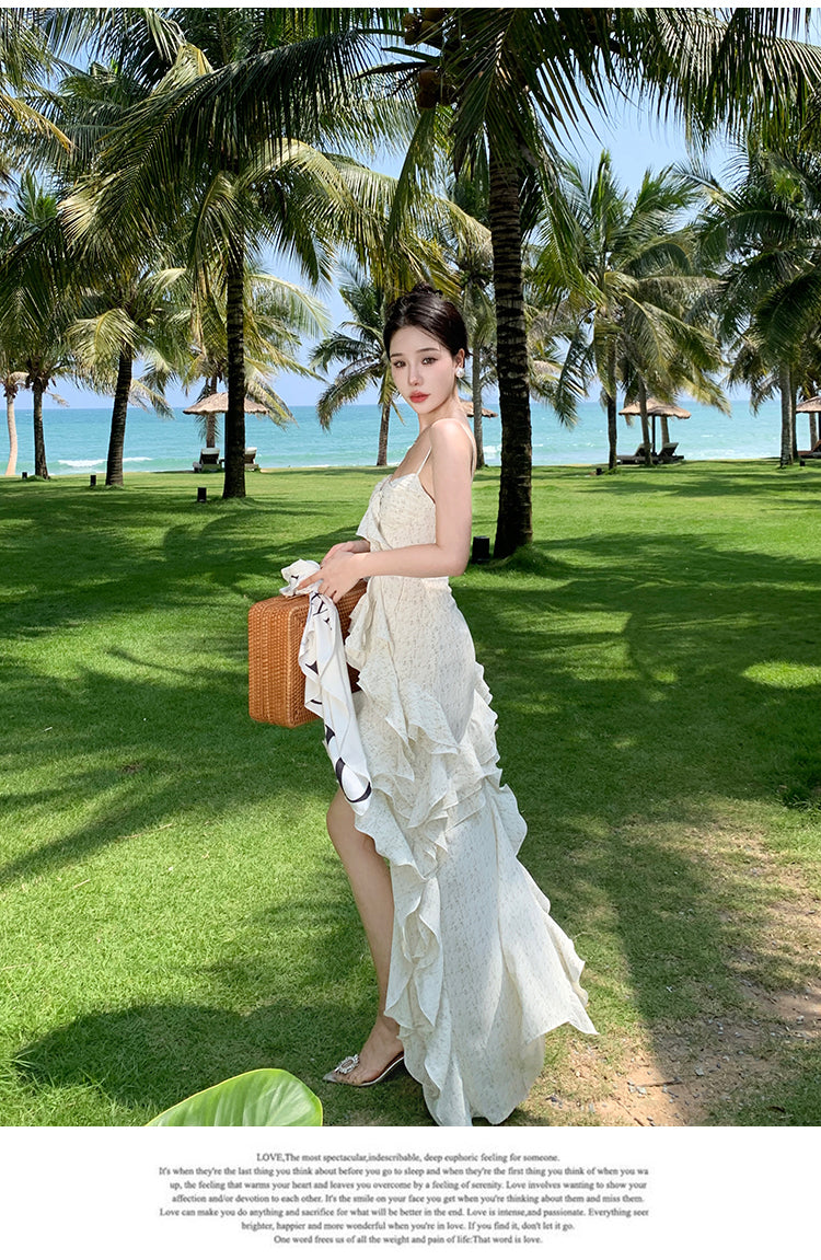 Zllkl Paula Floral V-Neck Spaghetti Strap Irregular Cut Out Ruffle Short Front Long Back Dress