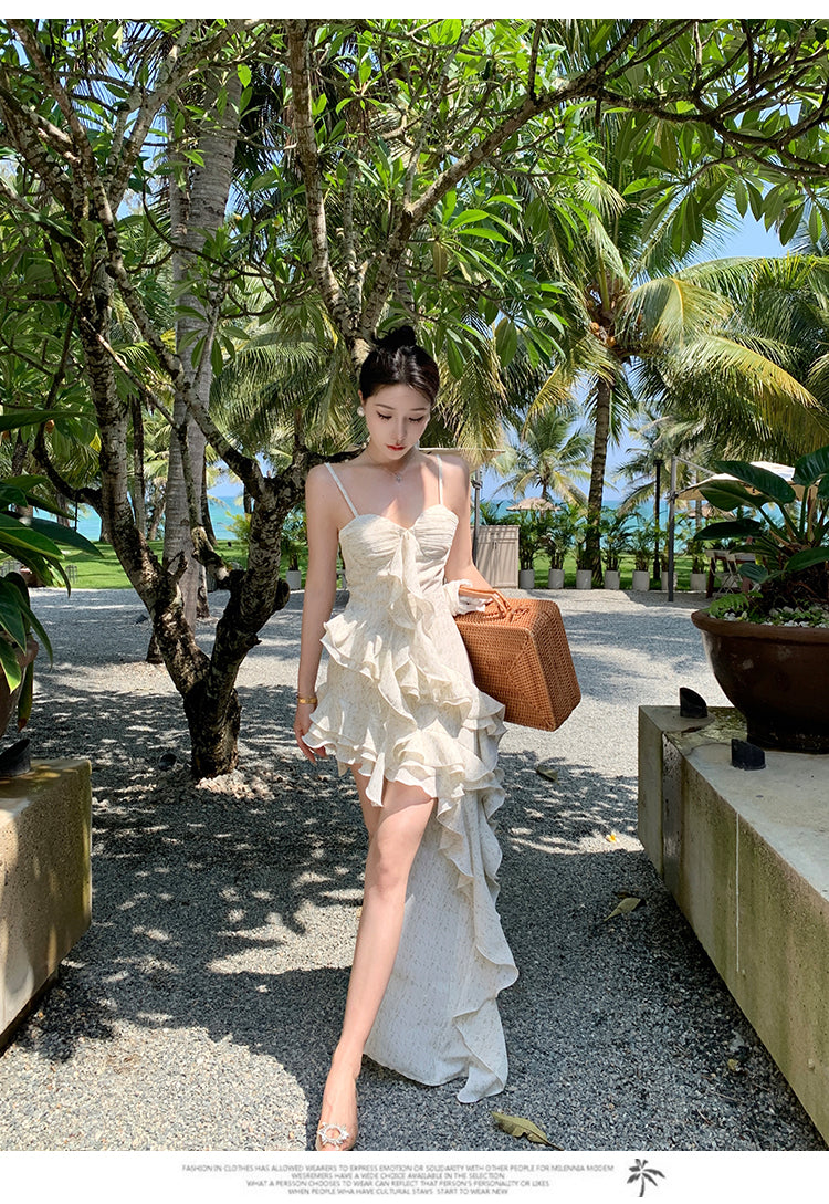 Zllkl Paula Floral V-Neck Spaghetti Strap Irregular Cut Out Ruffle Short Front Long Back Dress