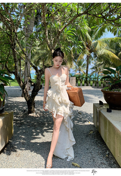 Zllkl Paula Floral V-Neck Spaghetti Strap Irregular Cut Out Ruffle Short Front Long Back Dress