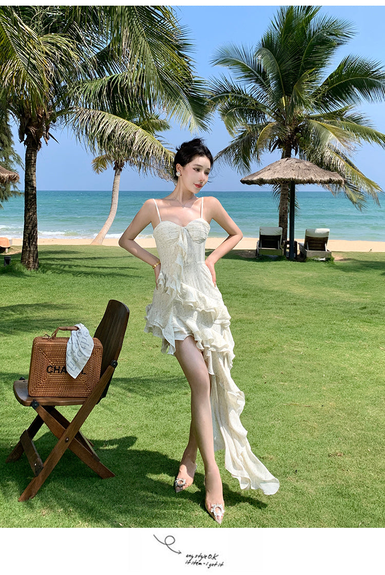 Zllkl Paula Floral V-Neck Spaghetti Strap Irregular Cut Out Ruffle Short Front Long Back Dress