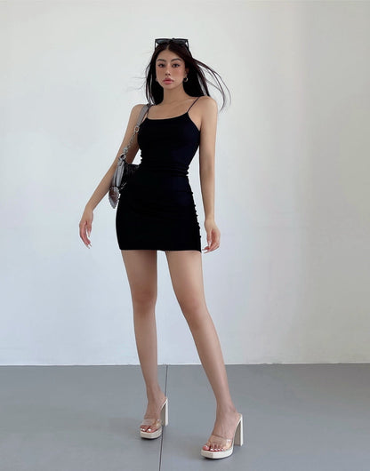 Zllkl Lila Solid Color Slip Spaghetti Strap Stretch Slim Square Neck Casual Mini Dress