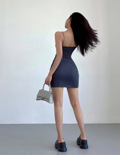 Zllkl Lila Solid Color Slip Spaghetti Strap Stretch Slim Square Neck Casual Mini Dress