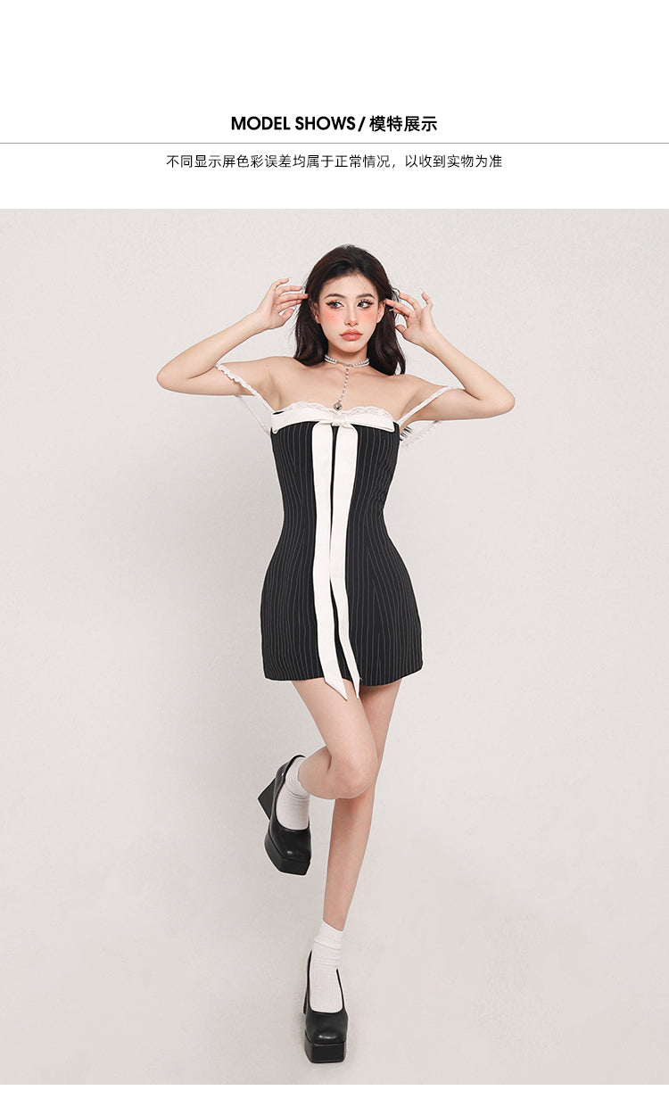 Zllkl Zia Stripe White Front Bow Slip Off-the-Shoulder Mini Dress