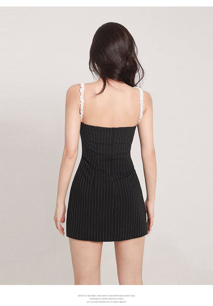 Zllkl Zia Stripe White Front Bow Slip Off-the-Shoulder Mini Dress