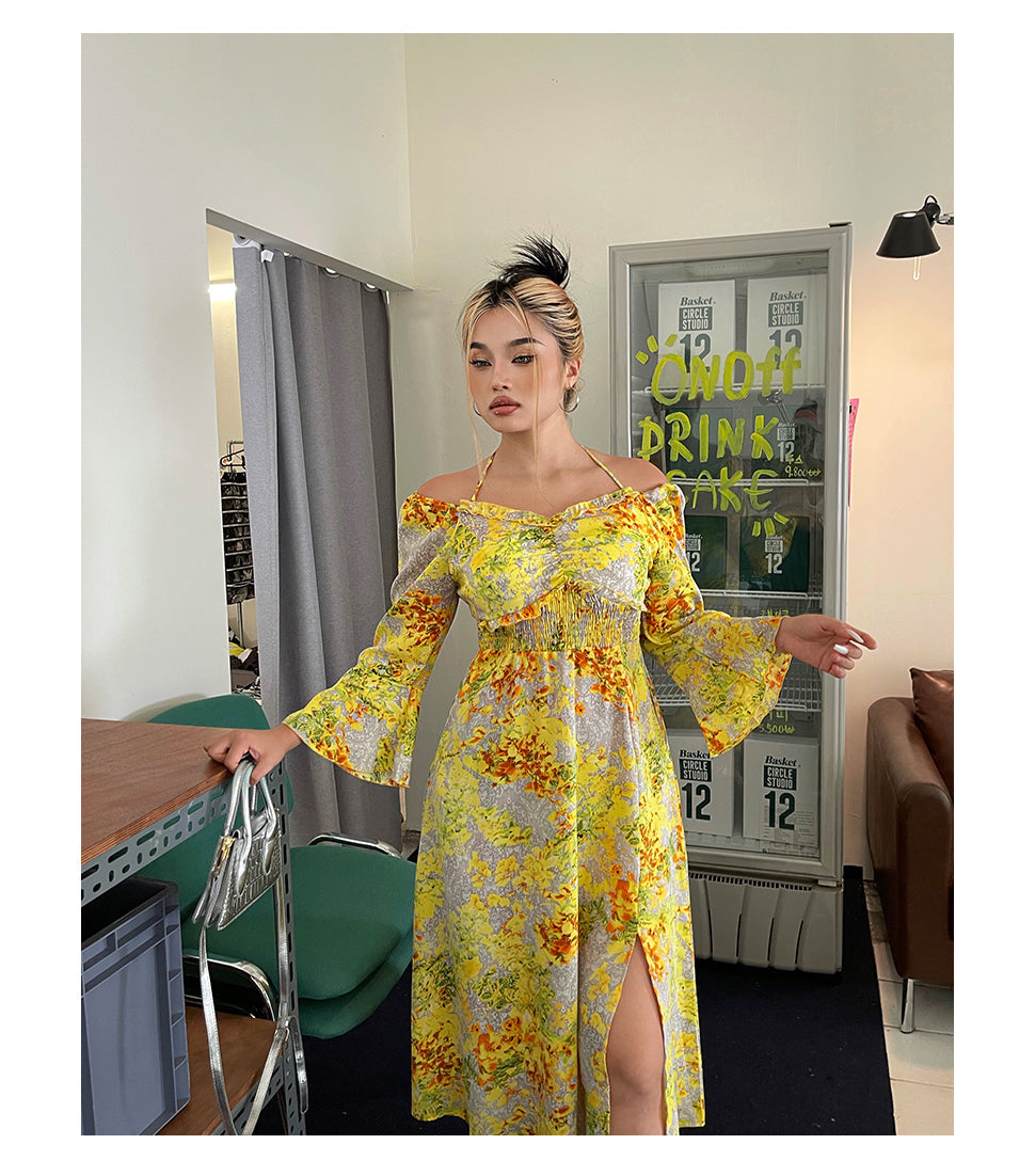 Zllkl Naoum Plus Size Sun Bright Yellow Floral Front Cross V-Neck Short Sleeve Side Slit Long Dress