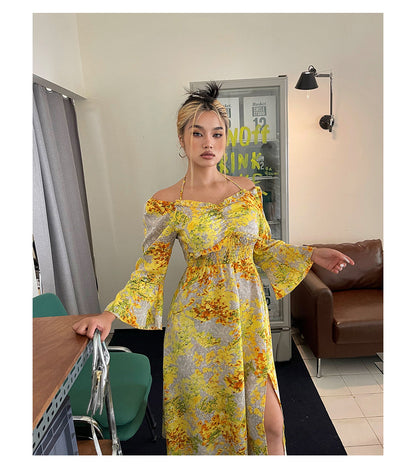 Zllkl Naoum Plus Size Sun Bright Yellow Floral Front Cross V-Neck Short Sleeve Side Slit Long Dress