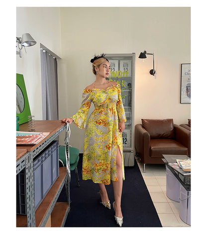 Zllkl Naoum Plus Size Sun Bright Yellow Floral Front Cross V-Neck Short Sleeve Side Slit Long Dress